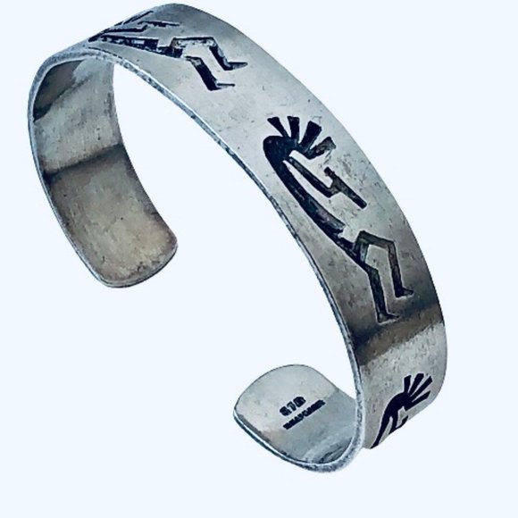 Vintage 970 Sterling Silver Native Handmade Kokopelli Cuff Bracelet 30 grams